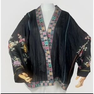 Johnny Was Sz L Embroidered Kimono Jacket Black Floral Bohemian Open Front